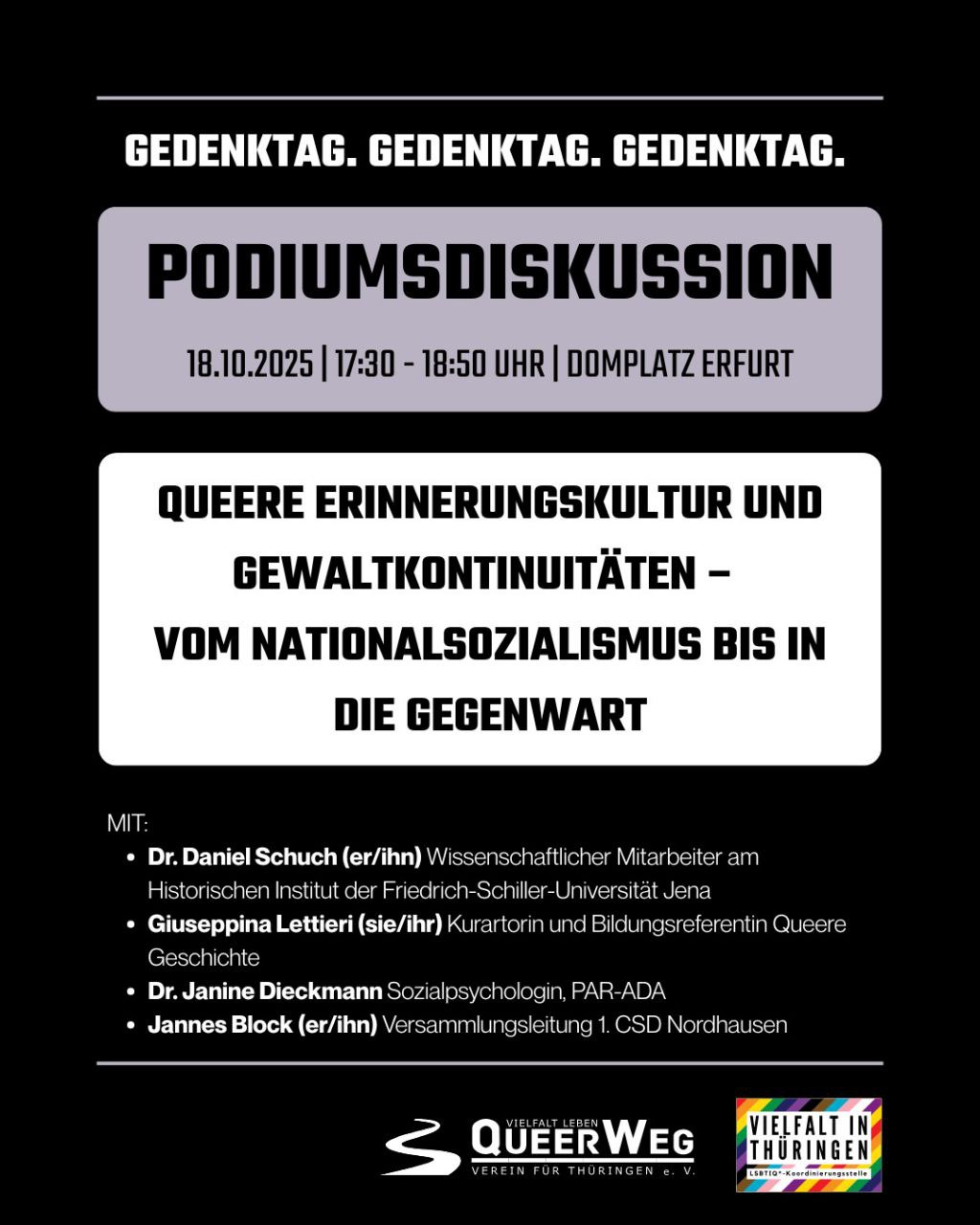 Podiumsdiskussion "Queere Erinnerungskultur und Gewaltkontinuitäten - vom Nationalsozialismus bis in die Gegenwart" (18.10.2025)